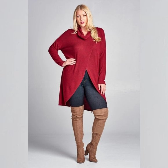 Hacci Brush Cowl Neck Long Blouse Top Plus Size - Picture 2 of 3